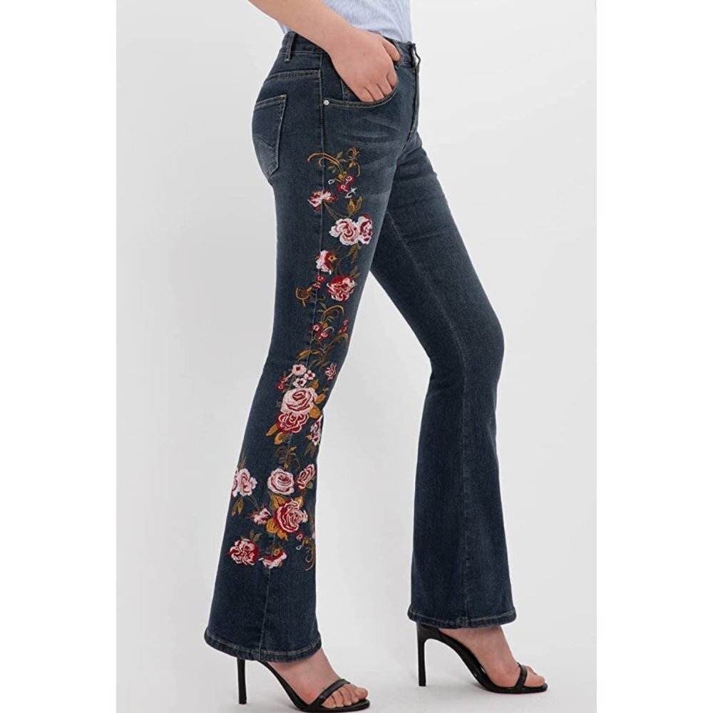 Dark Wash Floral Embroidered Patch High Waisted Flare Bell‎ Bottom Denim Jeans